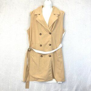 Nine West Sleeveless Trench Vest Womens 2XL Tan White Belted Double Breasted